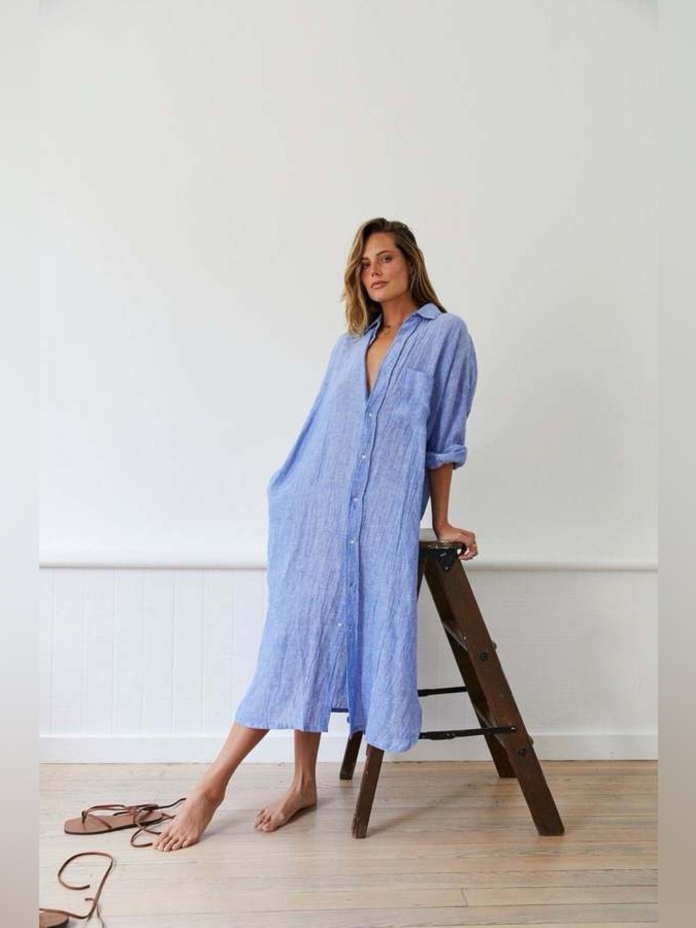 MAMENE Florence Cotton Linen Shirt Dress in Chambray Size 2 GUC